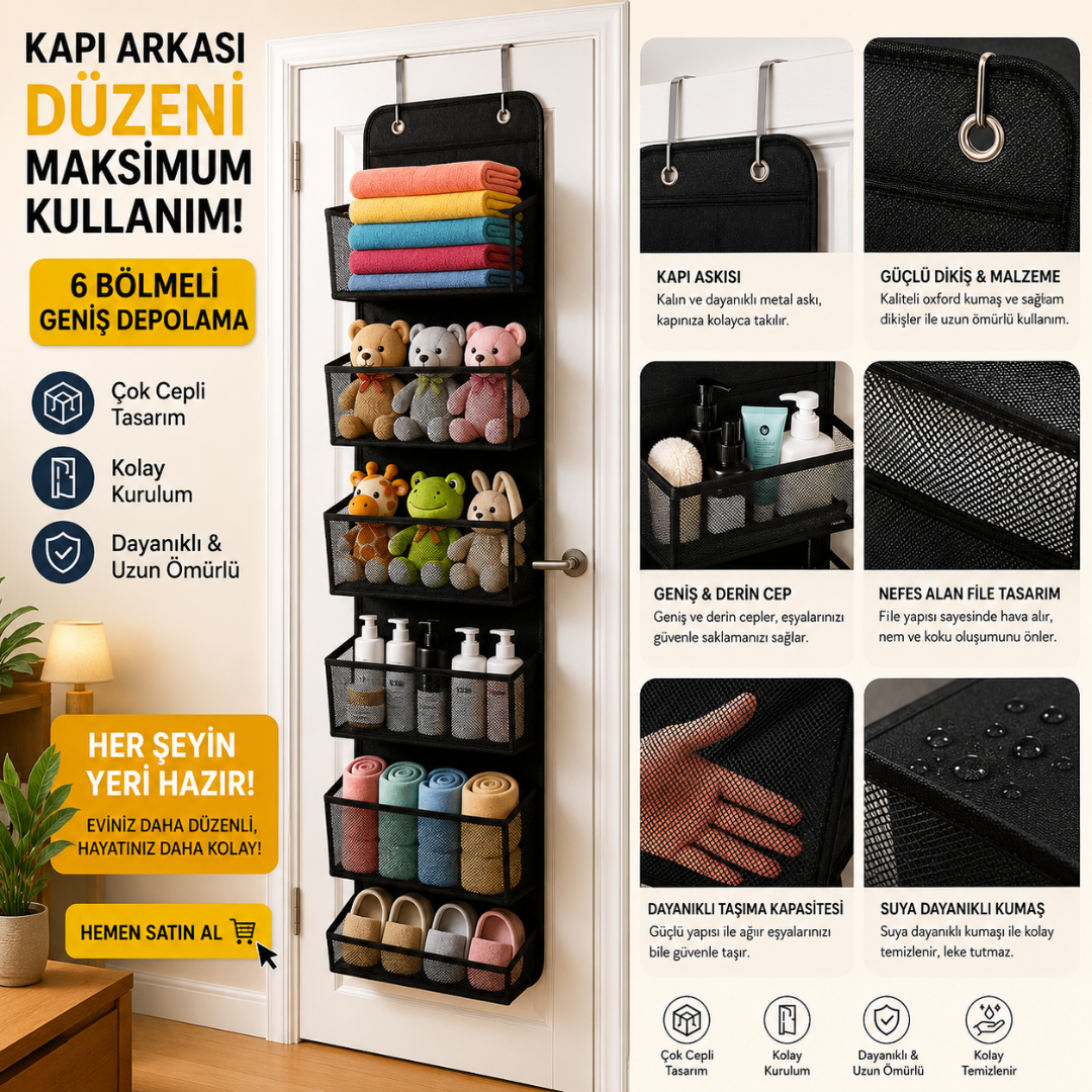 6 Katlı Kapı Arkası Düzenleyici Raf  - Bebek, Çocuk Odası ve Banyo Organizer 133x29 cm