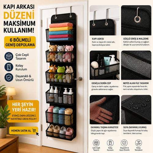 6 Katlı Kapı Arkası Düzenleyici Raf  - Bebek, Çocuk Odası ve Banyo Organizer 133x29 cm